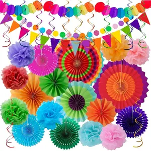 Fiesta Party Decorations - 33pcs Colorful Mexican Themed Hanging Paper Fans, Rainbow Pom Poms, Fiesta Bunting and Tissue Paper Streamers for Birthday, Festival, and Rainbow Parties