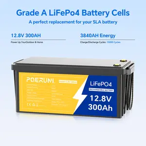 POERUNI 12V 300Ah LiFePO4 Battery 3840Wh for Solar RV Marine Off-Grid 12.8V 300Ah Energy Storage