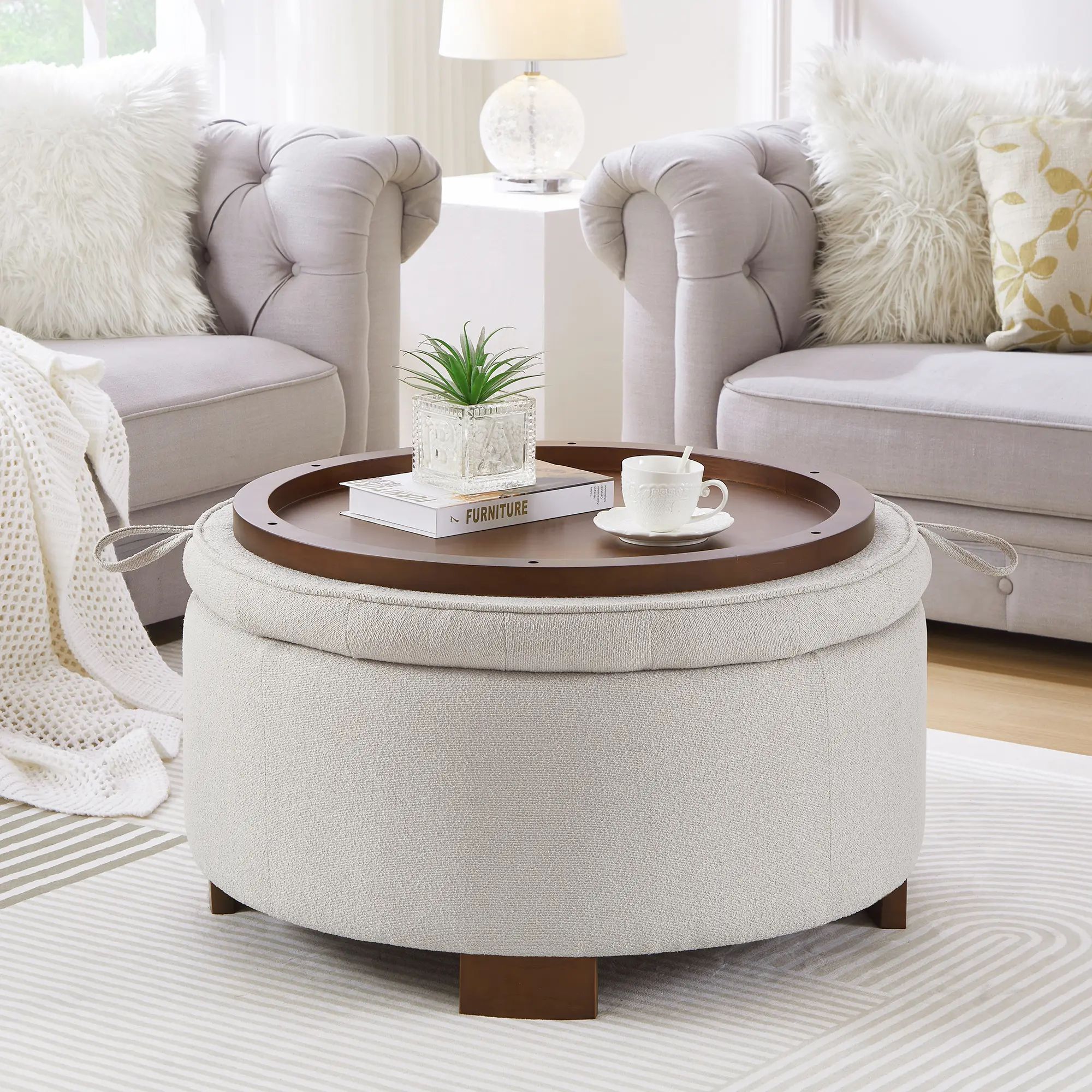 30-Inch Modern Round Boucle Fabric Ottoman with Lift-Off Lid - Multi-Functional Indoor Storage Ottoman Coffee Table for Living Room, Bedroom