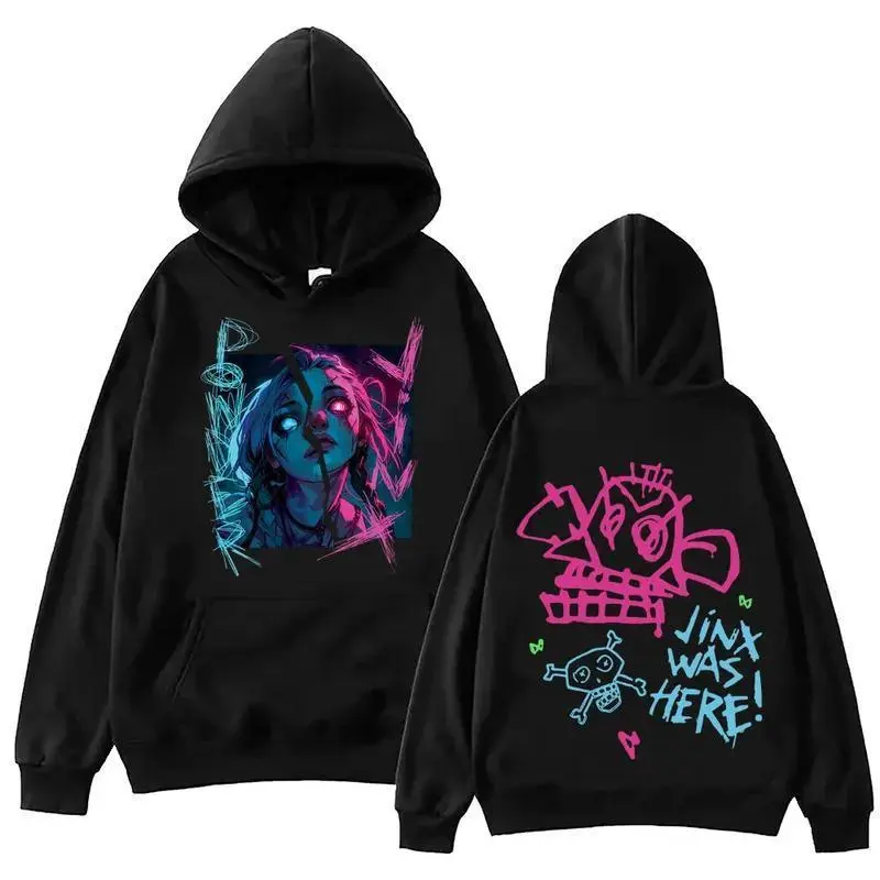 Unisex Arcane Jinx Printed Hoodie - 2-Sided League of Legends Anime Fan Merch, Spandex-Blend Fabric, Comfortable Fit, Harajuku Hip Hop Vintage Streetwear Cotton Pullover Top, Classic, Sport, Casual, Menswear