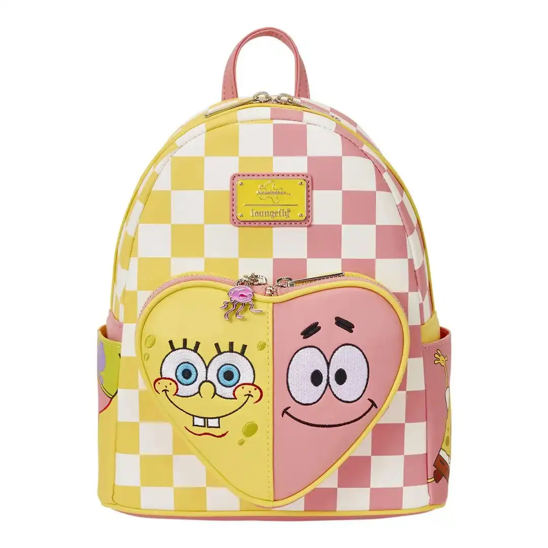Loungefly SpongeBob & Patrick Collectible Mini Backpack for Adults, Casual Checkered Faux Leather with Applique & Embroidery, Collectibles, Charm Zip Detail, Enamel Charm, Hand Wash Only, Fandom Flair