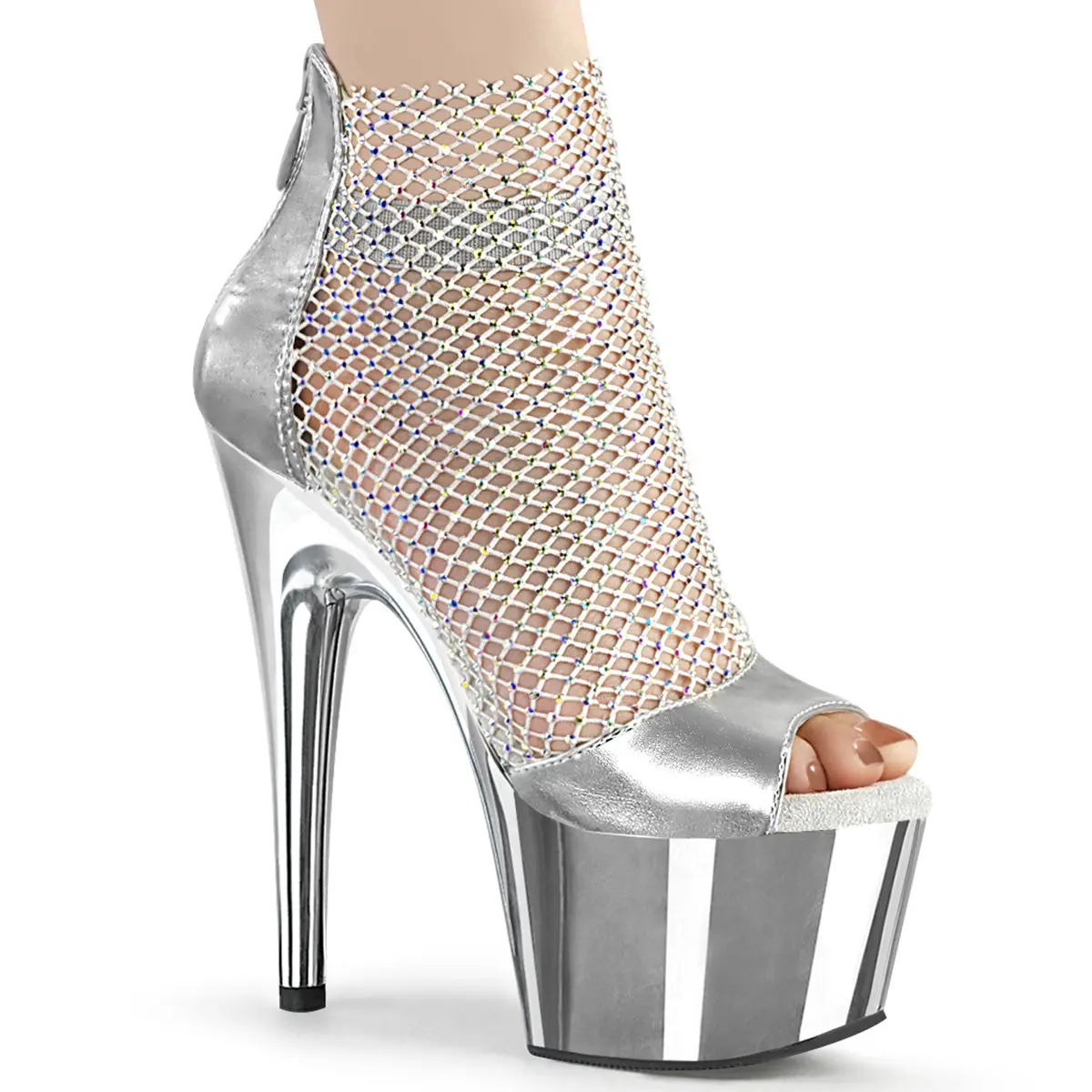Women's 7-in Silver Metallic PU Heel Rhinestone Sandals - ADORE-765RM, Mesh Design, 2.75-in Platform, Pleaser Pole Dancing Shoes, Footwear, Zip, Faux Leather, Mesh Fabric, Elastic, Exotic Dancer, Elastic Band, Shootie, Statement Shoes, Open Toe, Glamorous
