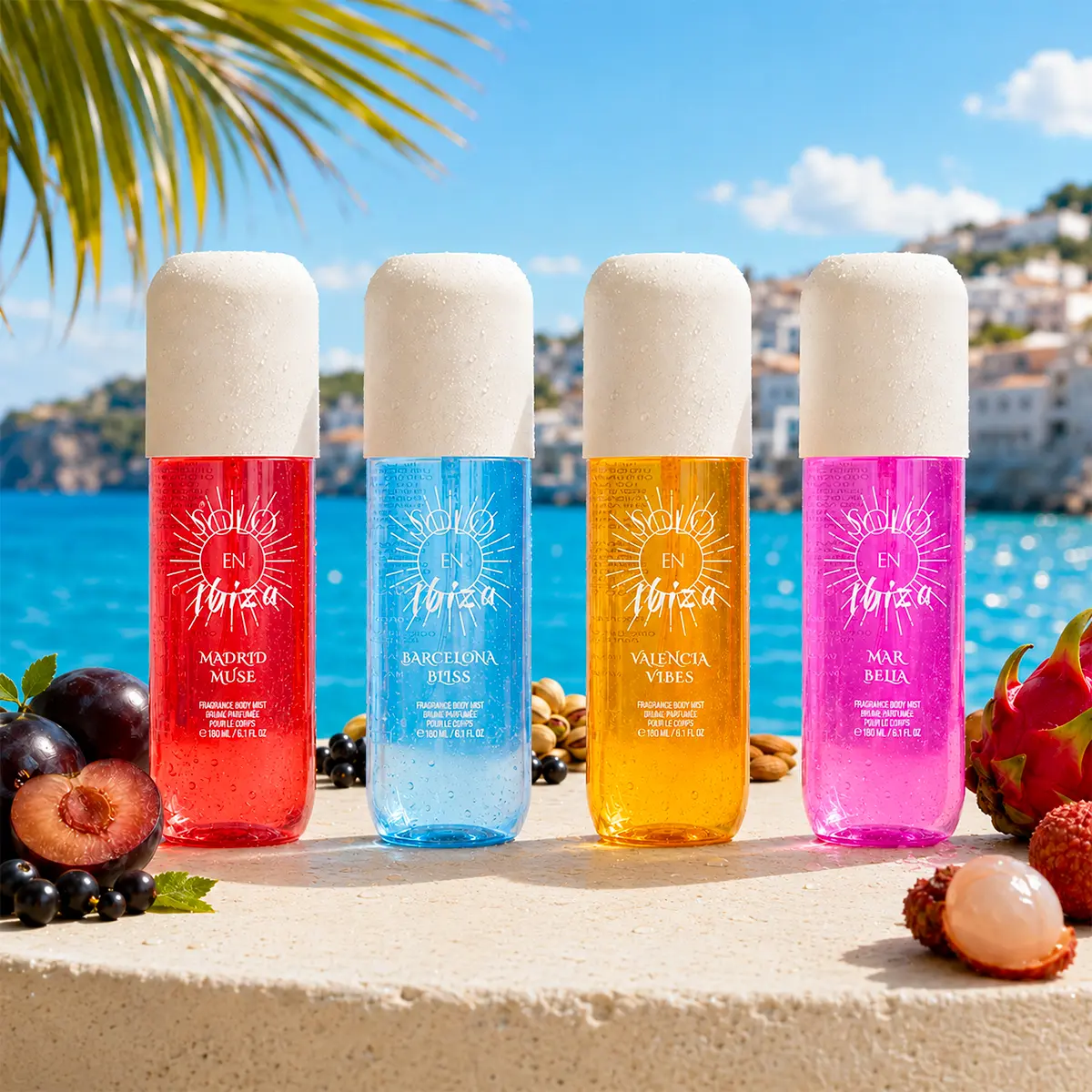 SOLO EN IBIZA Hair & Body Fragrance Mist Gift Set, 4-Pack Full-Size (6.1 fl oz), Long-Lasting Vegan Fragrance Blend with Vanilla & Amber Bouquet Scents,  Floral Amber Body Mist, Amber Bouquet Scent, Floral Amber Scents