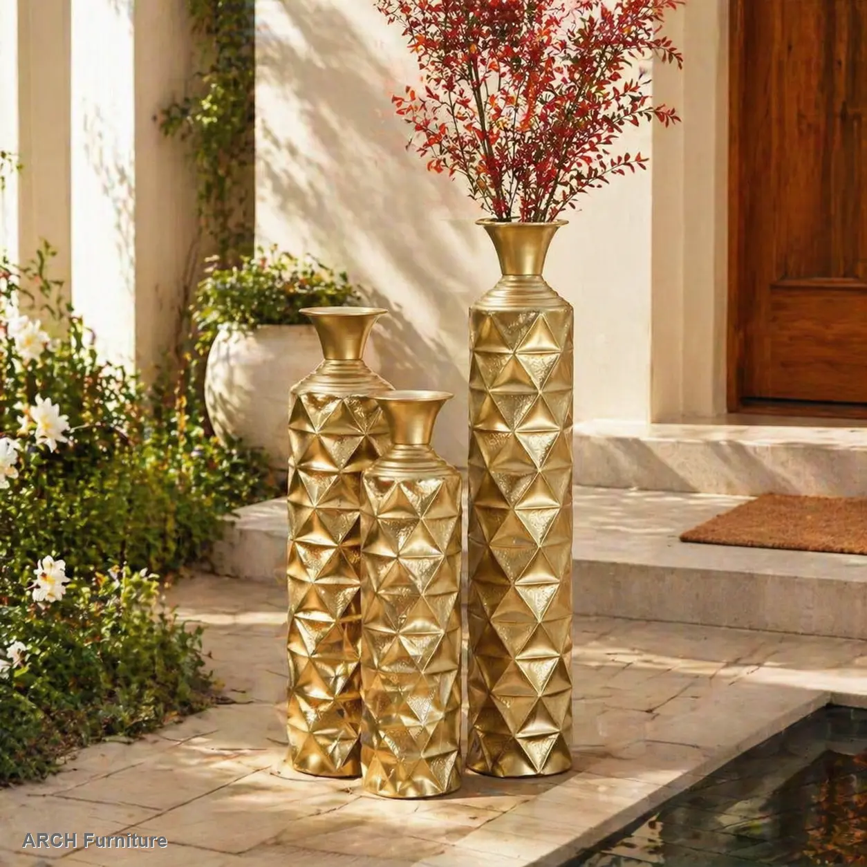 ARCH Semi-Handmade Metal Floor Vase Set of 3, Gold-Plated Geometric Diamond Pattern Vases, 33.5/29.5/25.2 Inch Large Decorative Vases for Living Room, Entryway, Office Decor, Tall Metal Vases with 4.72in Top Opening, 5.91in Base, Modern Home Accent