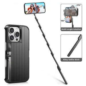 Concert Phone Case with Selfie Stick 3-in-1 Foldable iPhone Case Slim Vertical Design Rotatable Mount Bluetooth Remote Shooting Multi-Angle Rotation Folding Stand for Travel & Vlogging