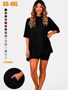 Crewneck Two-Piece Set For Women Summer Casual Pullzise Split Hem Shirts & Stretchy Biker Shorts Minimalist Lounge Wear Soft MILK SILK Fabric Comfy Homewear Soft Stretch Lounge Pajama Set for Home, Sleep and Travel