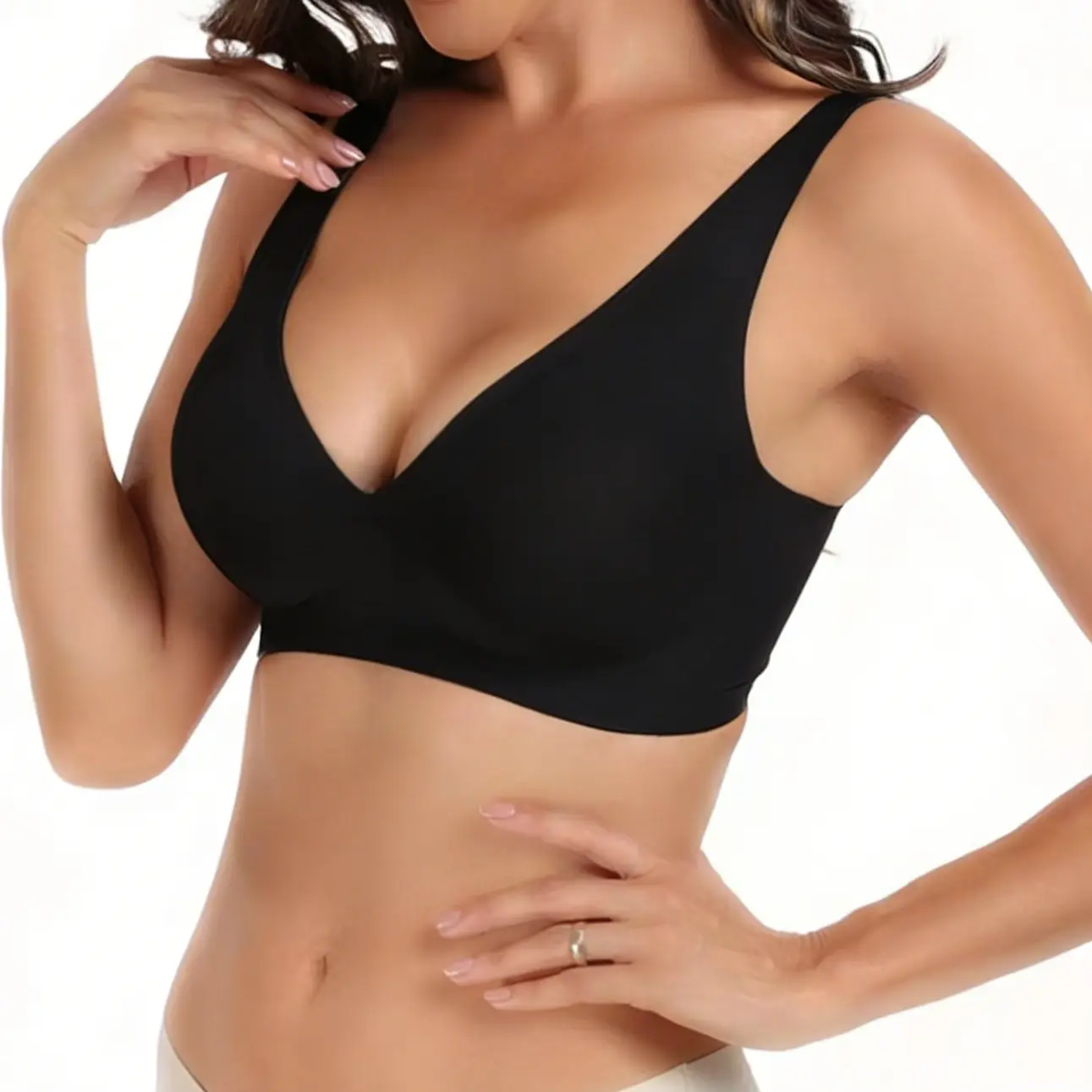 Women's Push-Up Wireless Padded Deep V-Neck T-Shirt Bra - Cotton, Lace, Nylon Fabric, Soft, Highly Elastic, Slimming, Seamless, Adjustable, Breathable, Full Coverage, U-Back, Bust Enhancement, Casual Everyday Wear