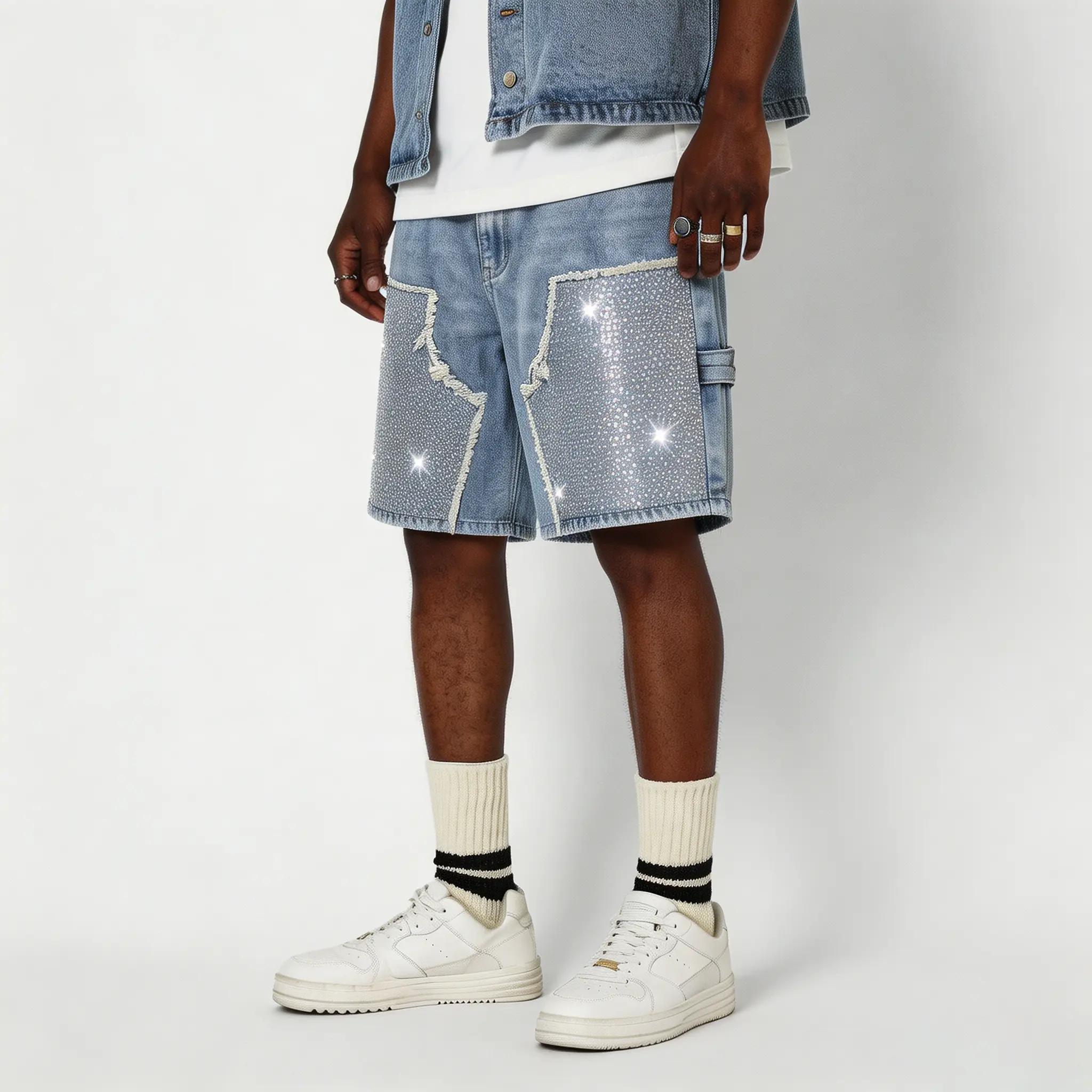 Light wash patchwork rhinestone denim shorts with frayed raw edge and distressed patches, knee-length jean shorts, side cargo buckle detail, baggy loose fit streetwear casual summer bottoms for men, vintage washed denim fashion pants Menswear Trouser