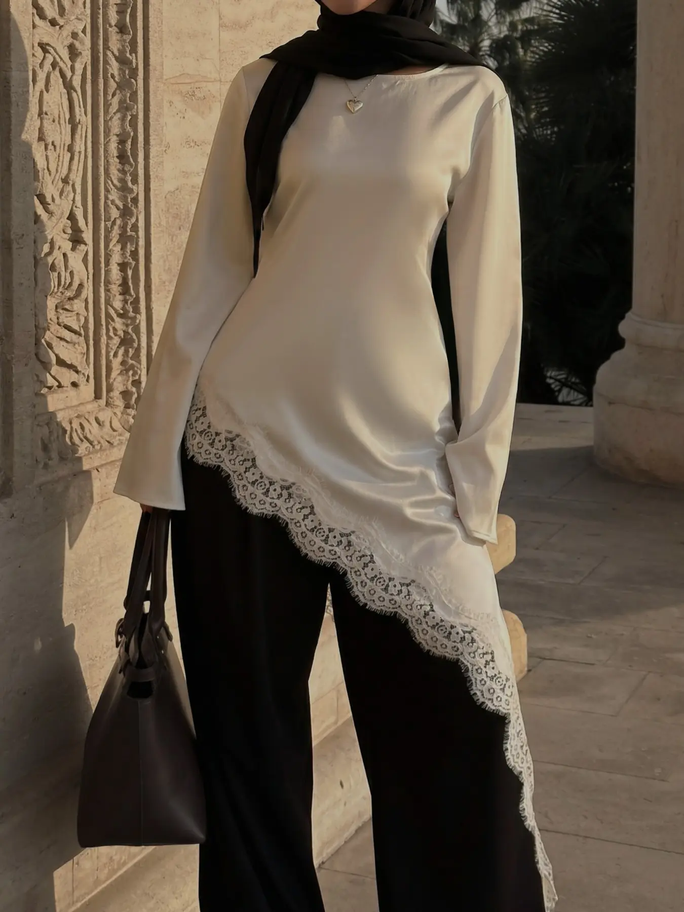 Women Satin Lace Blouse Asymmetrical Hem Long Sleeve Tunic Top Elegant Loose Fit Silk Look Shirt Modest Muslim Fashion Casual Flowy Pullover Chic Soft Smooth Fabric Vacation Outfit Dressy Blouse Streetwear Top White Black Minimalist Style Stylish Blouse