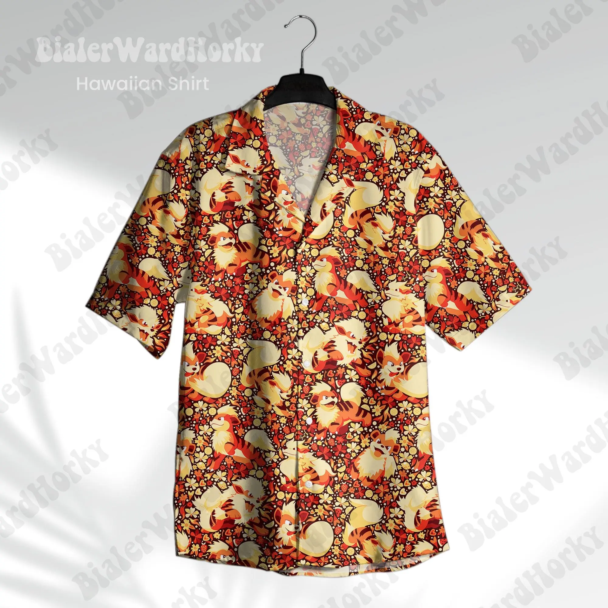 Growlithe Arcanine Hawaiian Shirt HG  Fiery Tropical Style Anime Aloha Shirt Video Game Gifts