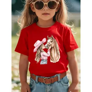 Girls' Summer Short Sleeve T-Shirt with Kissable Horse & Mara' Cartoon Patch - Pink Casual Round Neck Blouse for Equestrian Outfits NY-DX7632