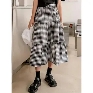 Gingham Pattern High Waist Skirt, Casual Tiered Hem A-line Midi Skirt For Spring & Summer, Women's Clothing