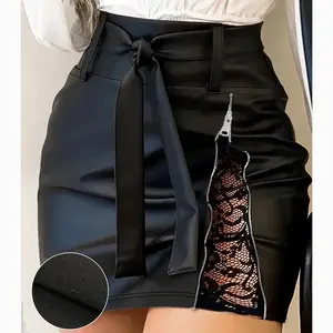 Aswulk Women's Solid Color Lace Patchwork PU Skirt with Zipper Fashionable Bow Belt Mini Skirt for Daily Outdoor Wear, Ladies Bottoms for Spring & Fall