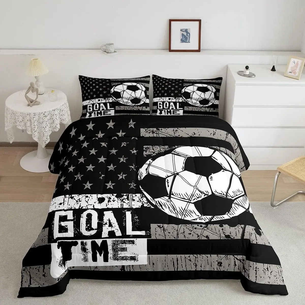 Feelyou King Size Decorative Polyester Microfiber Duvet Set - American Flag Stars & Stripes Sports Themed, Breathable, Lightweight Warm Black White, Bedroom Use, Travel-Friendly, All Seasons Microfiber Bedding Set