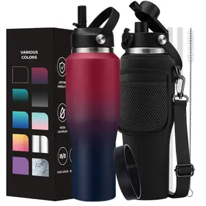 32oz Insulated Water Bottle with Straw - 40oz Stainless Steel Tumbler with Top Handle, Straw Lid, Pop-up Lid & Waterbottle Sling, Iced Coffee Cup Travel Mugs Insulated for Hot 24h and Cold 48h