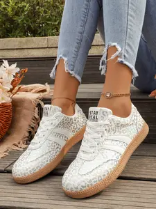 Women's Leopard Print Casual Sneakers, Round Toe PU Leather Shoes, Medium Width Rubber Sole, All Season Comfortable Footwear