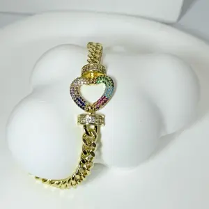 Cuban Bracelet 7.5 with Colorful Heart Pendant and Gold-Tone Design