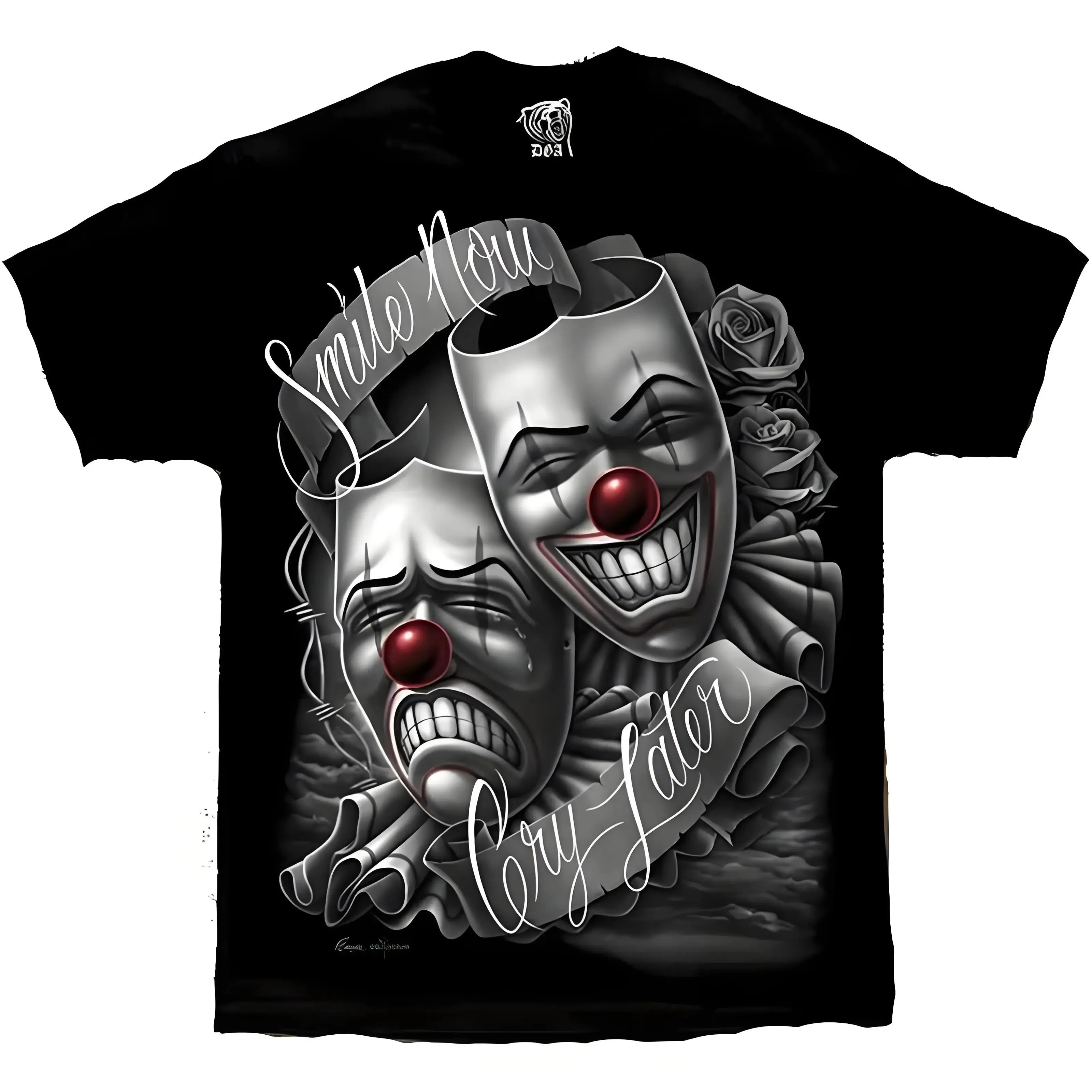 [100%25 cotton]DGA drama mask Lowrider Chicano art smile Now Cry Later David Gonzales casual loose comfortable t-shirt Black Crewneck boys merch funny graphic tees Grunge Album target bacon deo soft