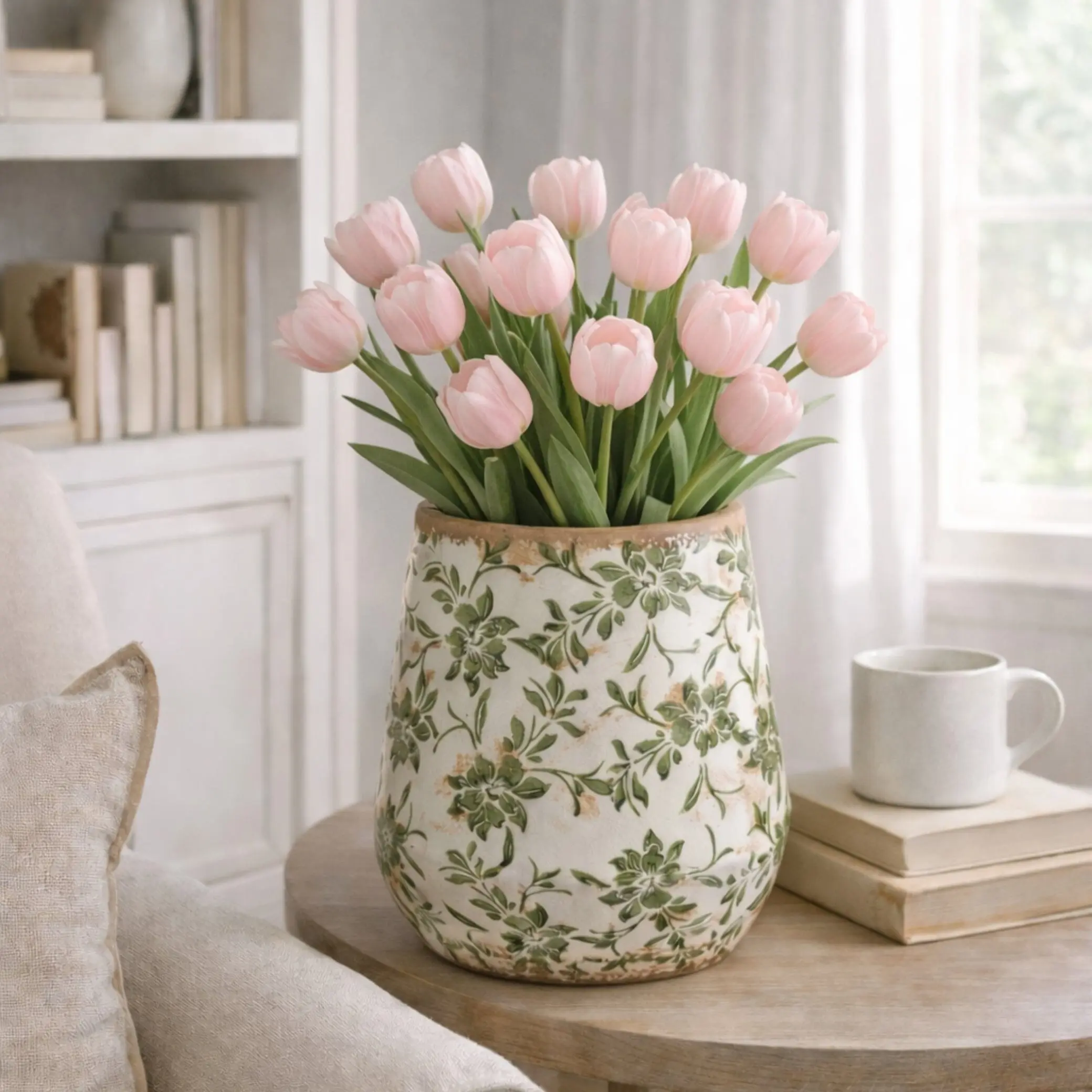 12” Tuscan Square-Style Ceramic Green Scroll Home Planter - Decorative Flower Pot, Ceramic Planters for Indoor Outdoor Plant Decor
