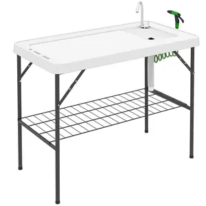 Folding Fish Cleaning Table with Sink – White. Stainless Steel Faucet + Spray Nozzle. Adjustable Drain Pipe (32-89cm). 3 Knife Grooves + Shelf. 176 lbs Cap
