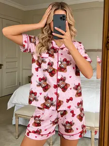 Highland cattle Women's Animal Pattern Sleepwear Set, Two-Piece Fitted Short Sleeve Top & Shorts, Casual Home Wear, Comfortable Party