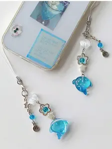 Cute Simulation of Marine Creatures Handmade Bead Wave Point Shark Pendant with Blue Dolphin Charm for Mobile Phone Accessory