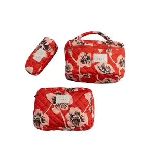 Kelani Quilted Travel Cosmetic Bag Set - Sunset Floral Cosmetic Pouch, Makeup Organizer Pouch, Full-Zip Padded Quilt Design, Tactile Appearance, Top Handle