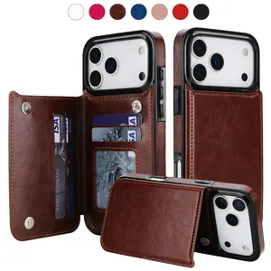 Retro Wallet Case for iPhone 17 16 Pro Max 15 14 13 12 Pro Max, PU Leather Flip Kickstand Card Slots Holder Case, Double Magnetic Clasp Shockproof Cover