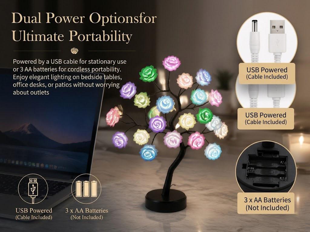 RGB LED Rose Flower Tree Lamp - Remote Control, Upgraded Chip, Timer, USB/Battery Powered, Dimmable, RGB Night Light, Indoor Table Lamp, Camping Lantern, Romantic Gift for Her, Housewarming Decor, Indoor Use, Aesthetic Table Lamp