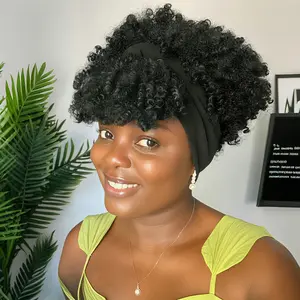 TwiceBeauty 8inch Afro Headband Wig Drawstring Synthetic Short Afro Kinky Curly Wig with Bangs 2 in 1 Head Wrap Wig with Headband Attached Turban Wig for Black Women Coily Textured Wigs Convenient Wigs