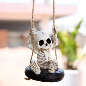 1 cool skeleton stone statue ghost swing pendant, swinging tire swing resin statue, hanging decoration, creating a thrilling and cute Valentine's Day, Spring Festival, Halloween, four seasons holiday party decoration