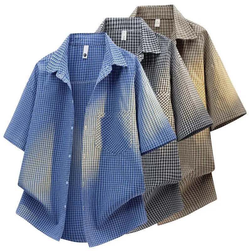 Menswear Checked Stylish Short-Sleeve Cardigan Tops - New Summer Retro Loose Drop-Shoulder, Thin Textured Breathable Casual Lapel, Ideal for Commuting, Everyday Wear