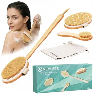 Natural Boar Bristle Dry Brushing Set | 4-Piece Body Brush Kit for Exfoliating, Lymphatic Drainage & Circulation | Body Brush, Face Brush, Long-Handled Back Brush + Storage Bag