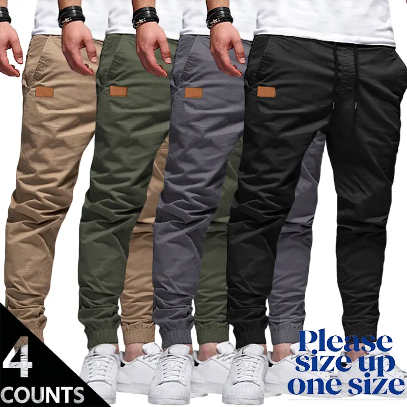 Men’s 4-Pack Athletic Jogger Pants, Casual Elastic-Waistband Synthetics Trousers with Ankle Cuffs, Multicolor Pack - Ideal for Urban Street Style, Workouts