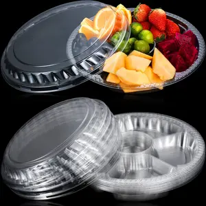 12-Pack Round Plastic Vegetable Trays with Lid, 6 Compartment Food Tray, Reusable Salad Plate, Party Snack Serving Platter, Food Storage Container (transparent)