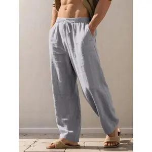 Men's Linen Long Pants, Casual Loose Fit with Pockets, Spring & Fall Beach Vacation Lightweight Comfortable Breathable Fabric