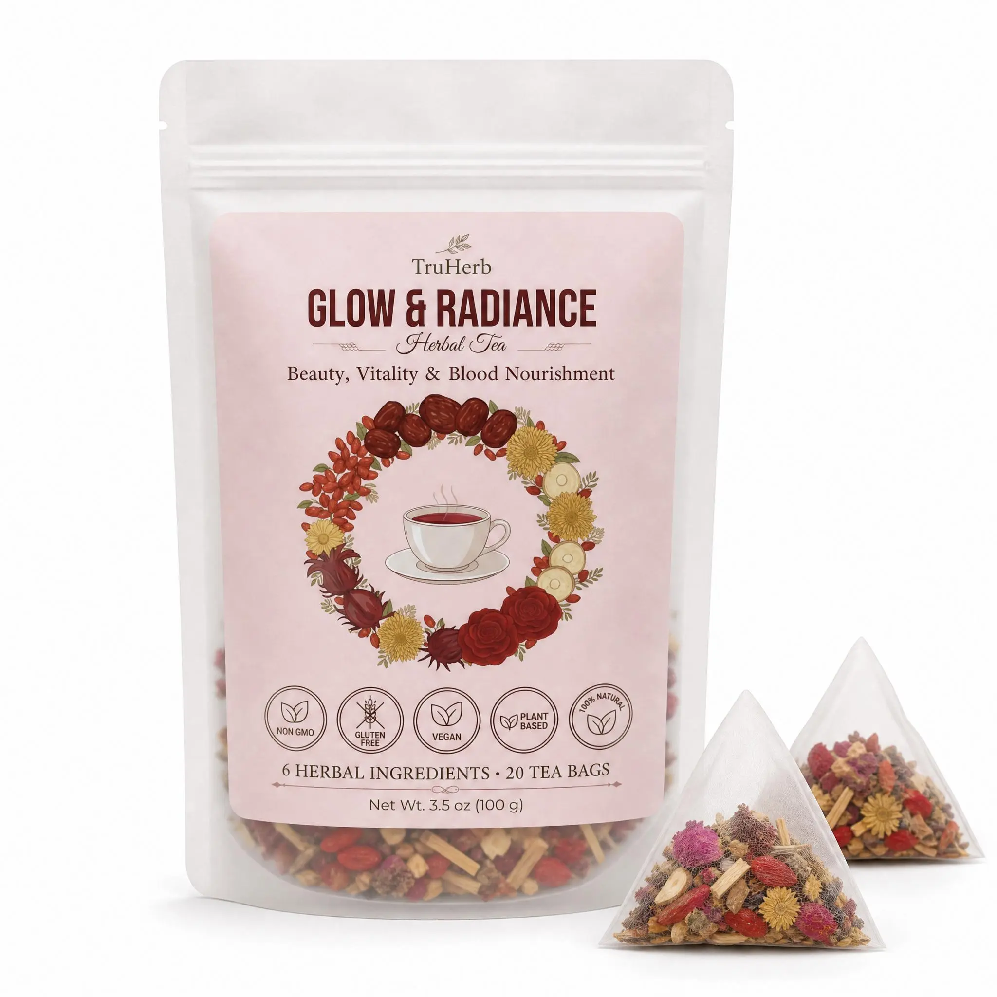 Glow & Radiance Herbal Tea, Double-Petal Rose & Goji Berry Tea Blend with 6 Natural Herbs, Caffeine-Free Beauty Wellness Tea for Women, Daily Self-Care Ritual, Refreshing Floral Tea Bags, 20 Count