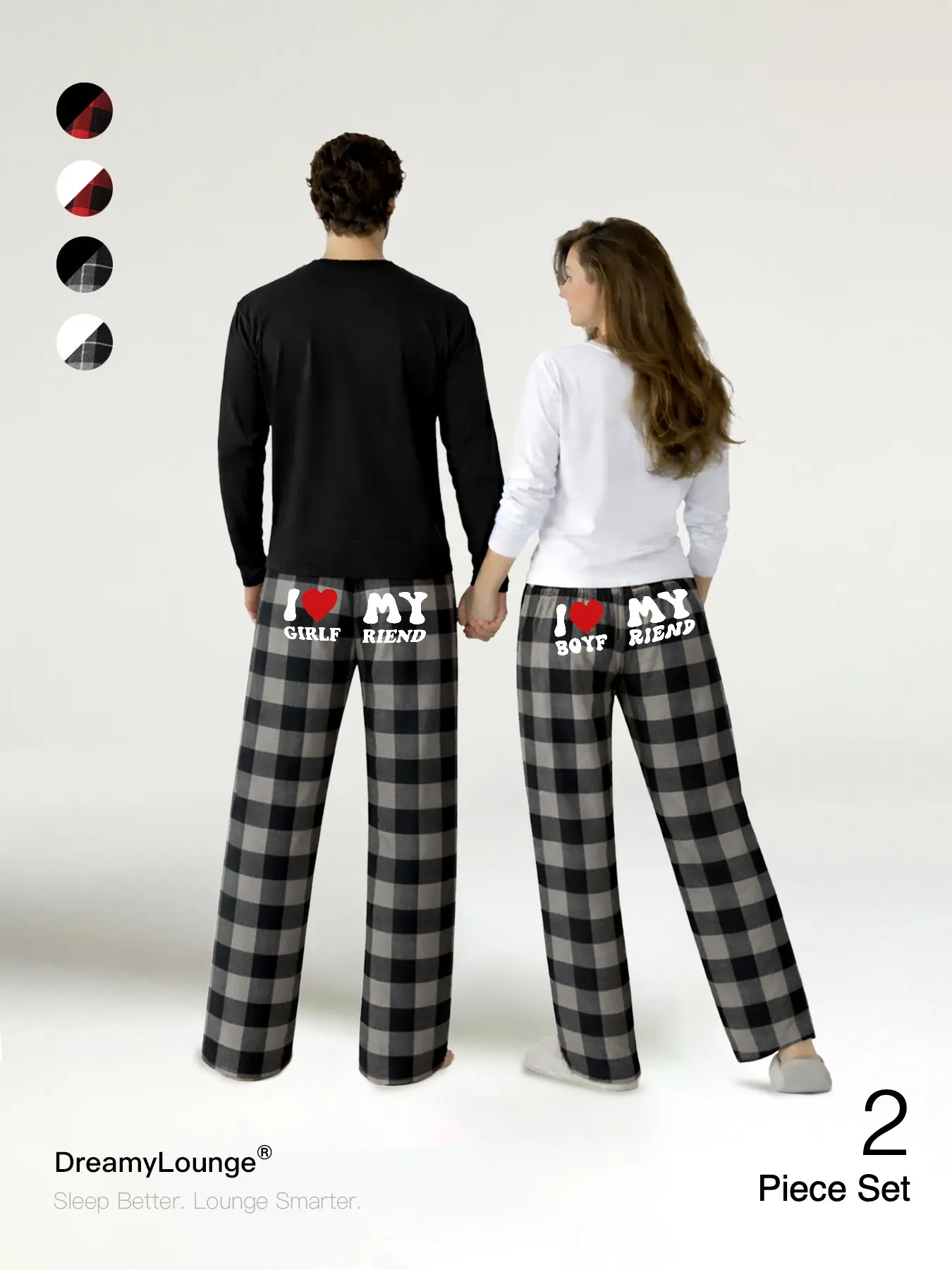 Valentine's Day 「2-Piece Set」Matching Fun Slogan + Heart Print, Comfortable Breathable Long Sleeve Plaid Pants, Casual Home Wear for Men and Women Fit Everyday