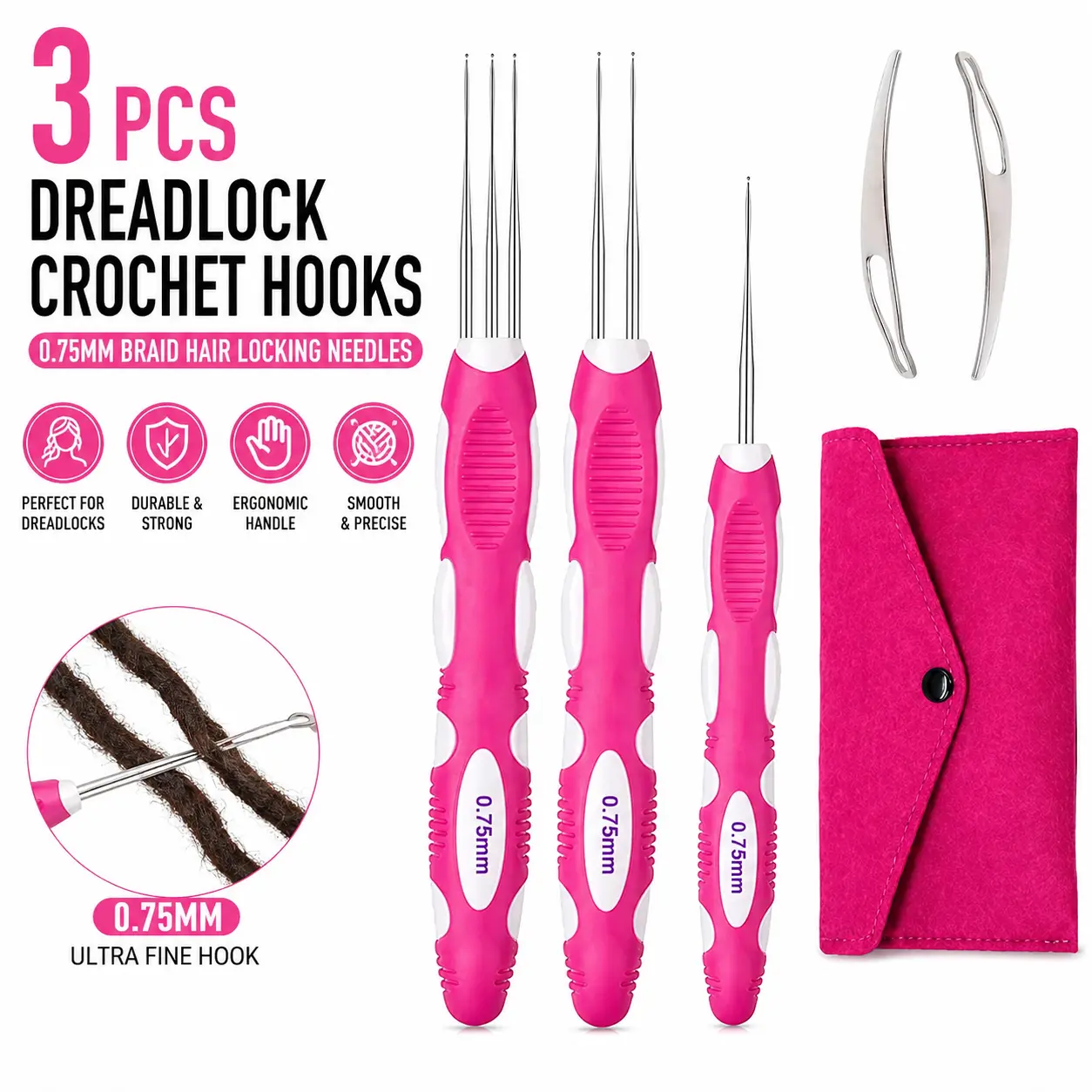 Ergonomic Crochet Hook Set, 3 Pcs Stainless Steel Double-Sided Tools with Precision Tip for Dreadlocks, Micro Crochet & Extensions, Crocheting Supplies