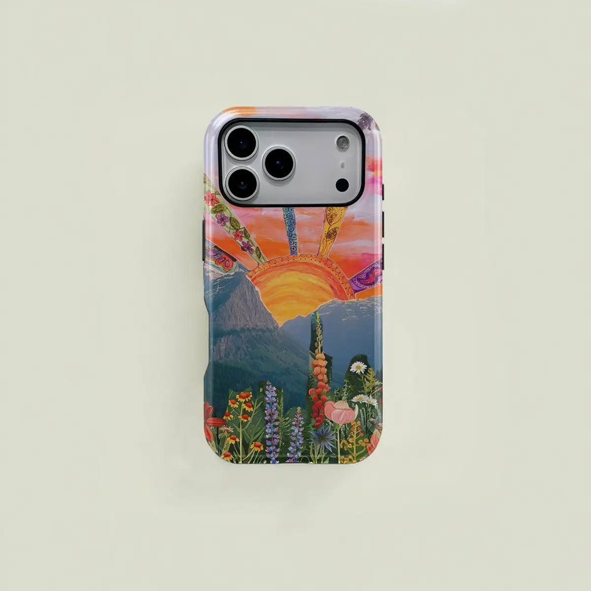 This protective case features a refreshing orange-pink gradient watercolor-style floral and mountain collage pattern. It's a durable 2-in-1 case suitable for iPhone 17/16/15/14/13/12/11 Pro Max/Plus/Pro and Samsung Galaxy S25/S24/S23 Ultra series.