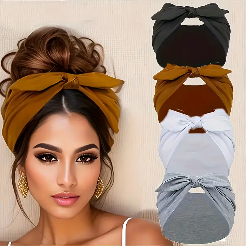 4-piece set of wide rabbit ear elastic satin headbands, sports yoga headbands, soft and comfortable wide headbands, a gift for women on Valentine's Day/Christmas.Non-slip soft elastic headbands, African-style thick sports gym head wraps, headbands