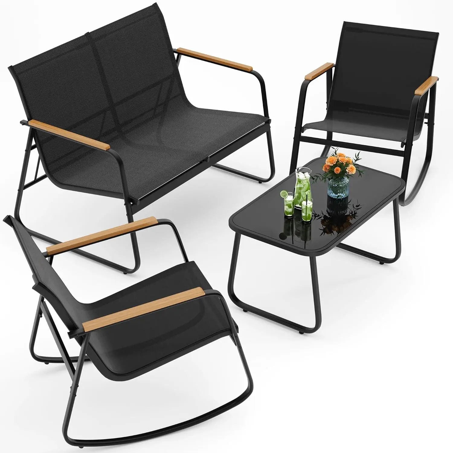 GIZOON 4-Piece Modern Patio Set, Textilene Outdoor Furniture Set with 2 Rocking Chairs and Tempered Glass Coffee Table, for Lawn and Apartment Home Decor,summerwins,camping essentials
