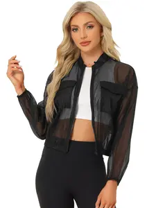 INSPIRE CHIC Zip Up Long Sleeve See Through Sheer Bomber Jacket