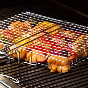 Stainless Steel Barbecue Basket with Handle, Portable Foldable Barbecue Net Rack, Multifunctional Barbecue Utensils for Outdoor Camping, Barbecue Accessories