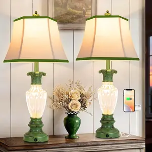 DEMIALRE 2-Pack 28.5" Vintage Farmhouse LED Table Lamps, Green Finish with USB Ports, Resin Body & Crystal Design, 3 Color Temperatures Adjustable, Dimmable Warm White, Nightlight Mode, Bulbs Included, Indoor Light Decor for Bedroom, Living Room