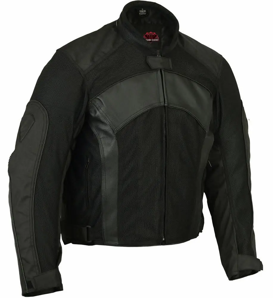 RENEGADE CLASSICS Men's Long Sleeve Biker Jacket - Plain Leather & Mesh All-Season Riding Top with Heavy-Duty Zipper, Waterproof Liner, Removable Padding, Stretch, Breathable Menswear Coat, Tops