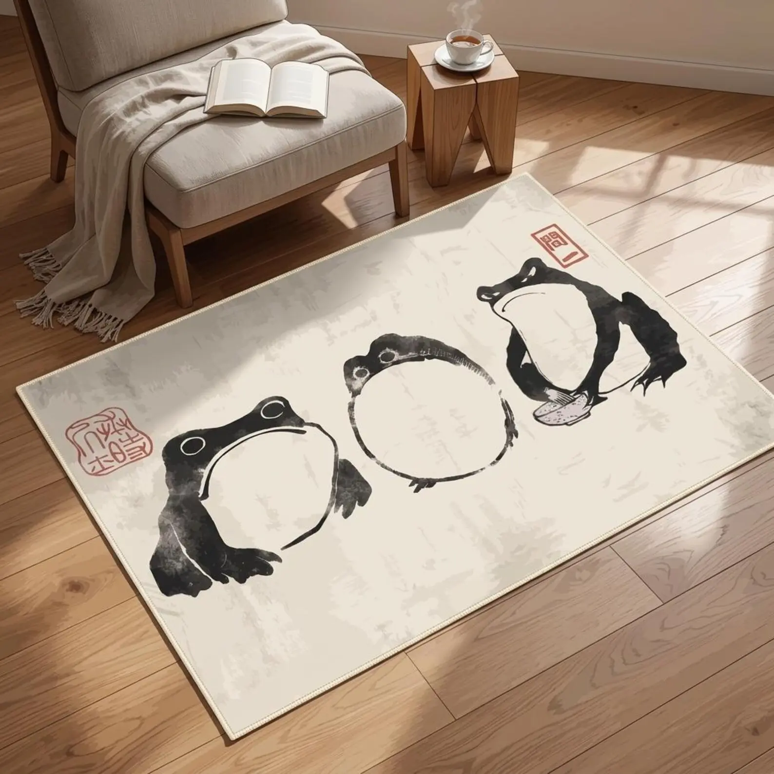 Minimalist Japanese Zen Frog Area Rug - for Living Room, Home Office - Ideal for Japanese Culture Enthusiasts
