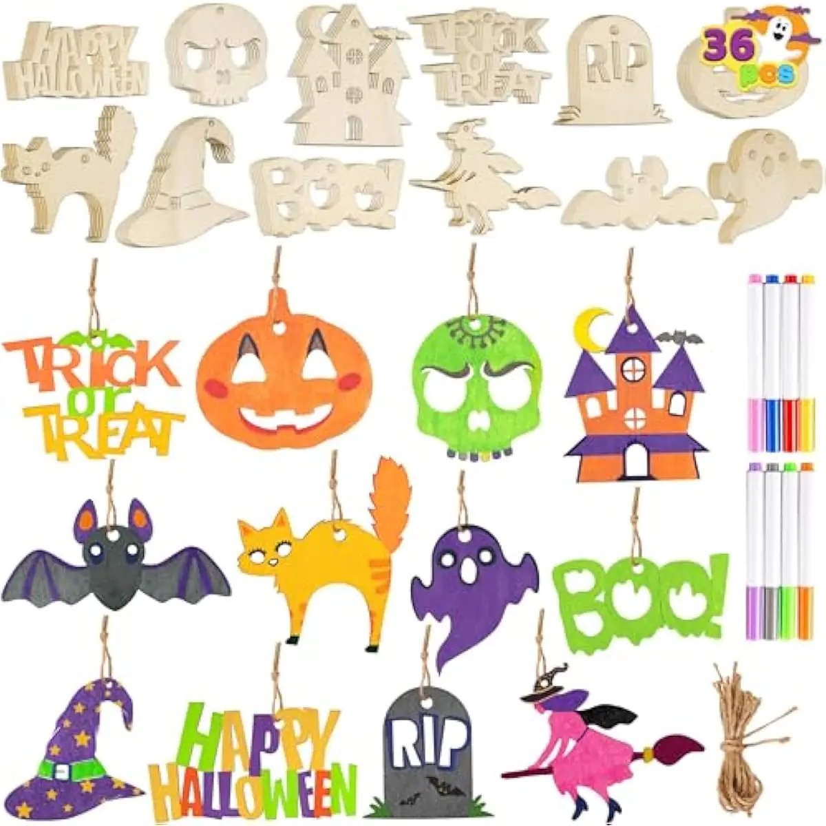 JOYIN 60 Pcs Halloween Craft Wooden Painting Kit, Halloween Party Supplies, Party Favors for Kids, Wood Blank Cutouts Ornaments, Gift Tags Decor for School Art DIY Activities Goodies Games