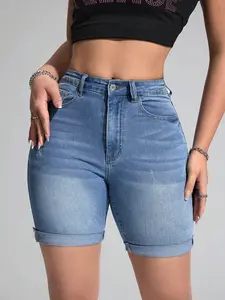 Women's High-Waisted Vintage Washed Blue Denim Motorcycle Shorts, Slim Fit, Rolled Hem, Stretchy, Mid-Thigh Length, Casual Summer Everyday Jeans Shorts, Essential Bottom