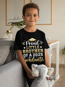 5th Birthday Boys Born in 2020 Graduation Graphic T-Shirt - Proud Little Brother Design with Stars & Graduation Cap, Casual Streetwear Short Sleeve Tee for Boys, Machine Washable, Boy Shirts